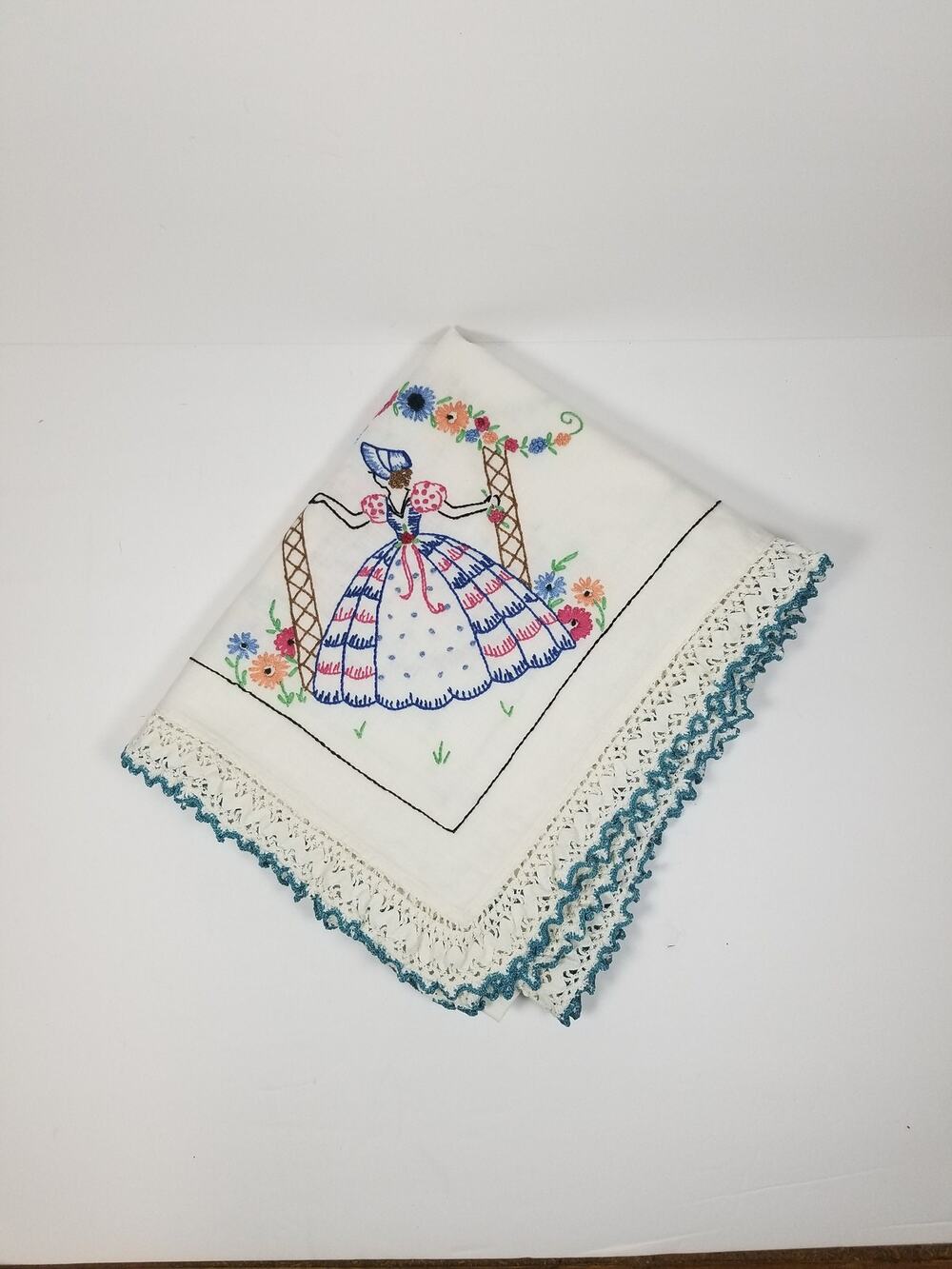 Vintage Crinoline Lady Hand Embroidered Dresser Scarf Southern Belle Lace Trim